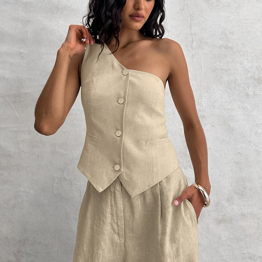 Cotton Linen Sleeveless Vest Irregular Collar Suit