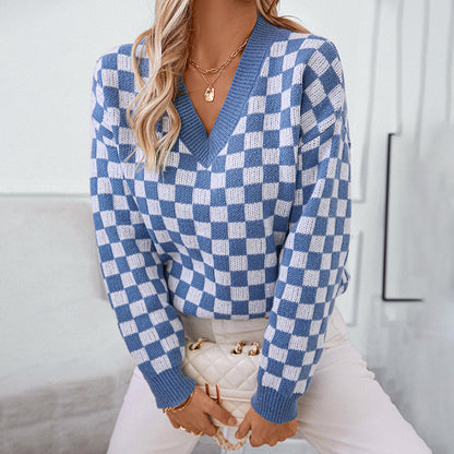 V-Ausschnitt Pullover Lockerer Schachbrett-Karomuster Farbkombination Pullover