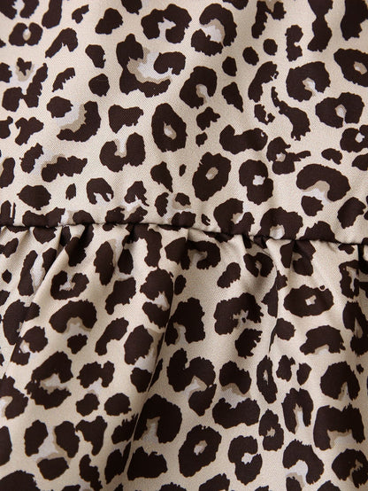 Leopard Print Hollow Lace Up Bubble Sleeve Shirt For Women's Top