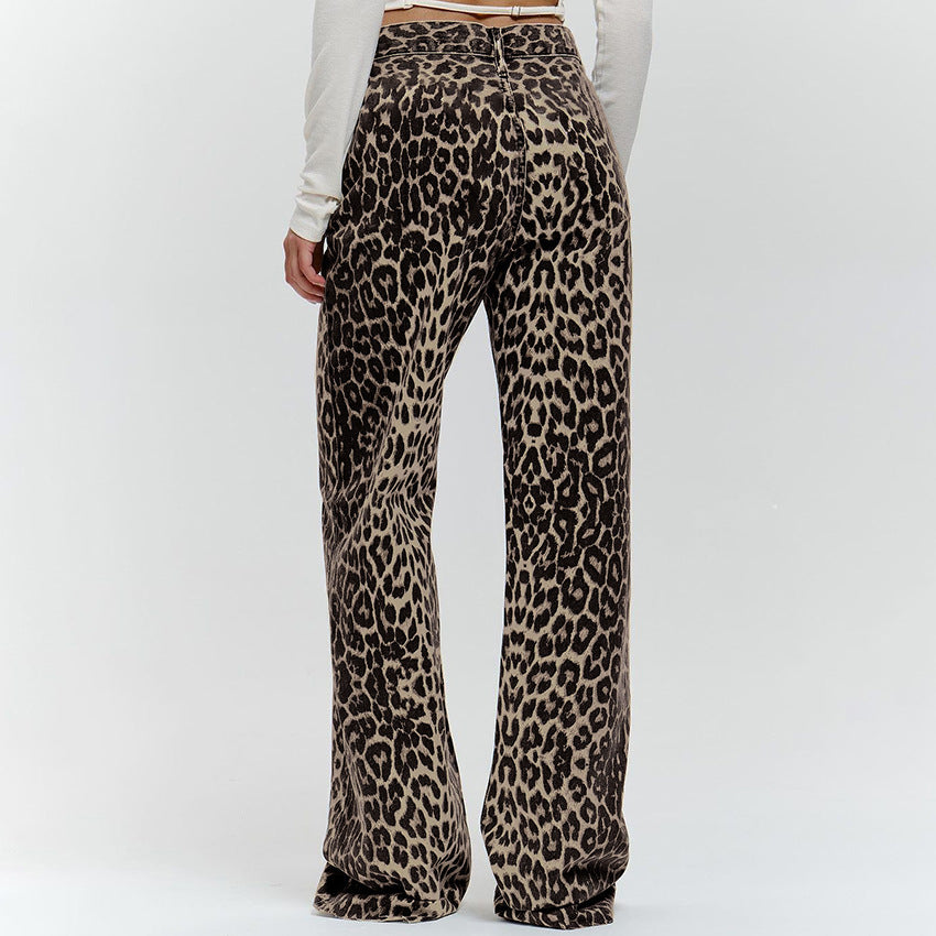 Sommerliche Retro Street Style Lockere Niedrig-Taillen Leopard-Print Hose – Vielseitige Baumwollweite Bein-Hose