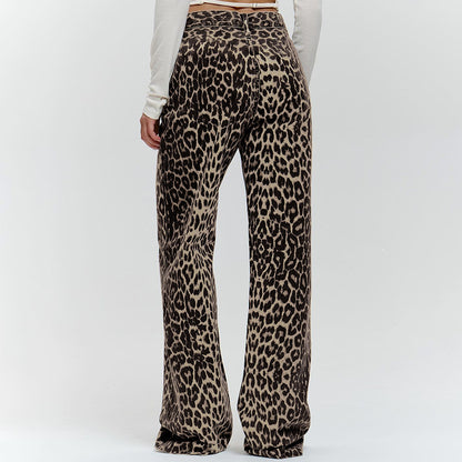 Sommerliche Retro Street Style Lockere Niedrig-Taillen Leopard-Print Hose – Vielseitige Baumwollweite Bein-Hose