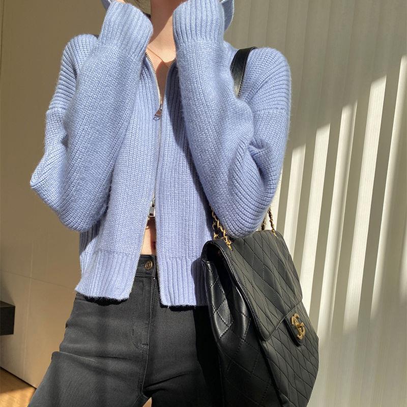Pullover Kleine Strickjacke Damen Kurzer Preppy-Stil Stehkragen Reißverschluss Pullover Frühling und Herbst Dünner Pullover