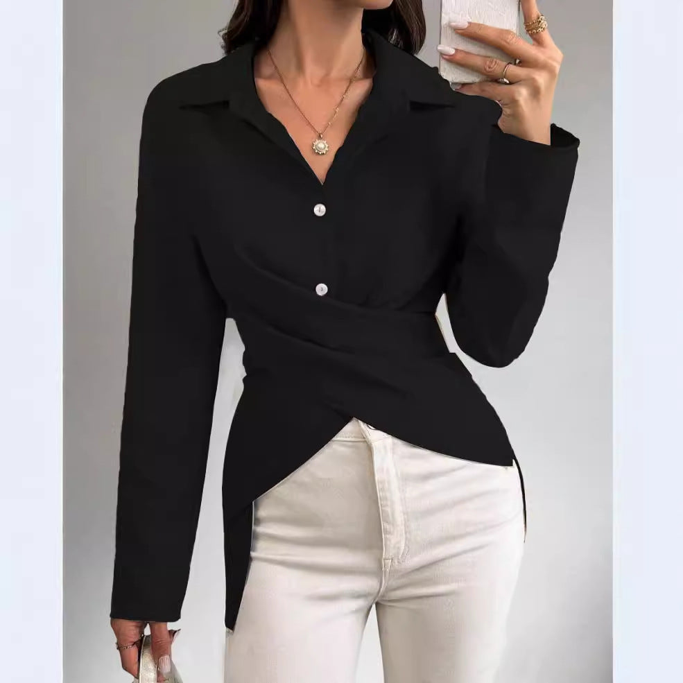 Long-sleeved shirt with cross tie and pleat design