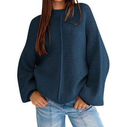 Einfarbiger Patchwork Rundhals-Strickpullover mit lockeren Laternenärmeln