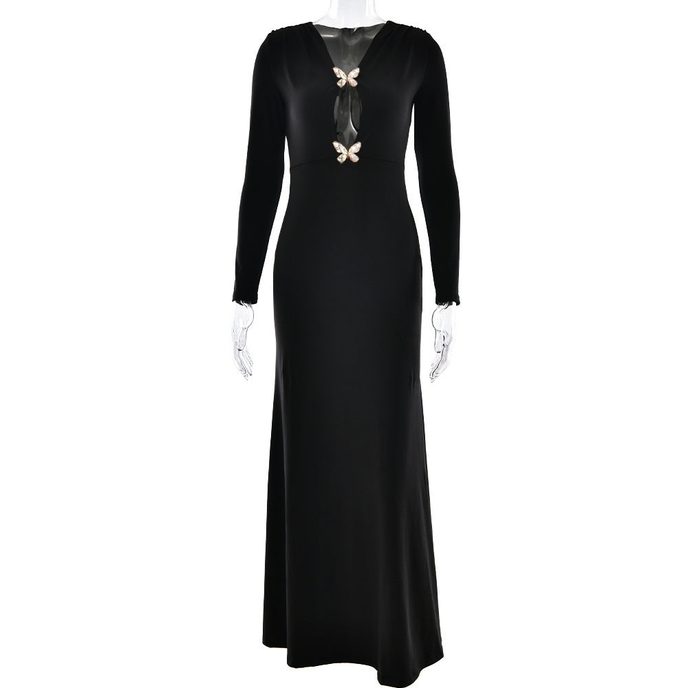 Hip Bag Mode Langarm Faltenkleid