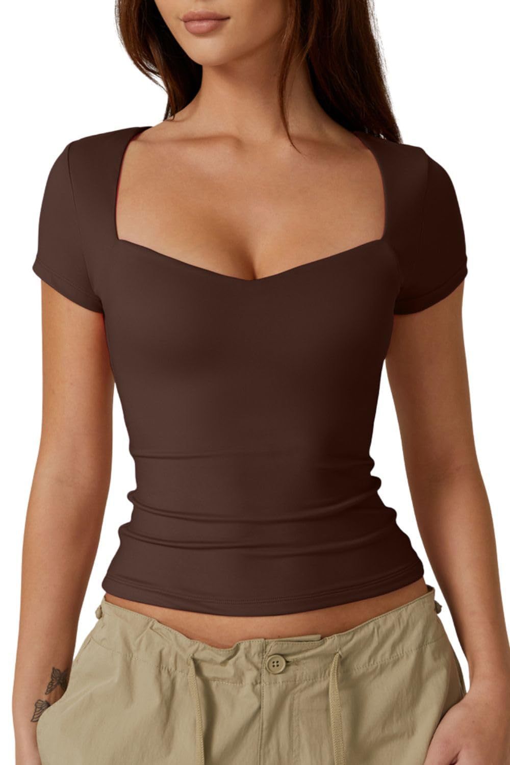 Herzförmiges Kragen-Kurzarm-T-Shirt Frauen einfarbig schlank Grund mode Exposed Nabel