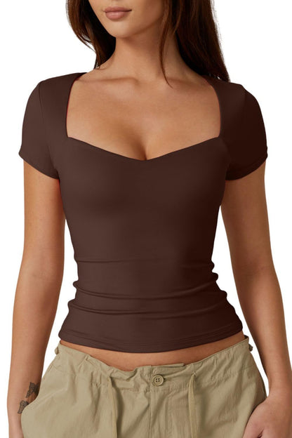 Herzförmiges Kragen-Kurzarm-T-Shirt Frauen einfarbig schlank Grund mode Exposed Nabel