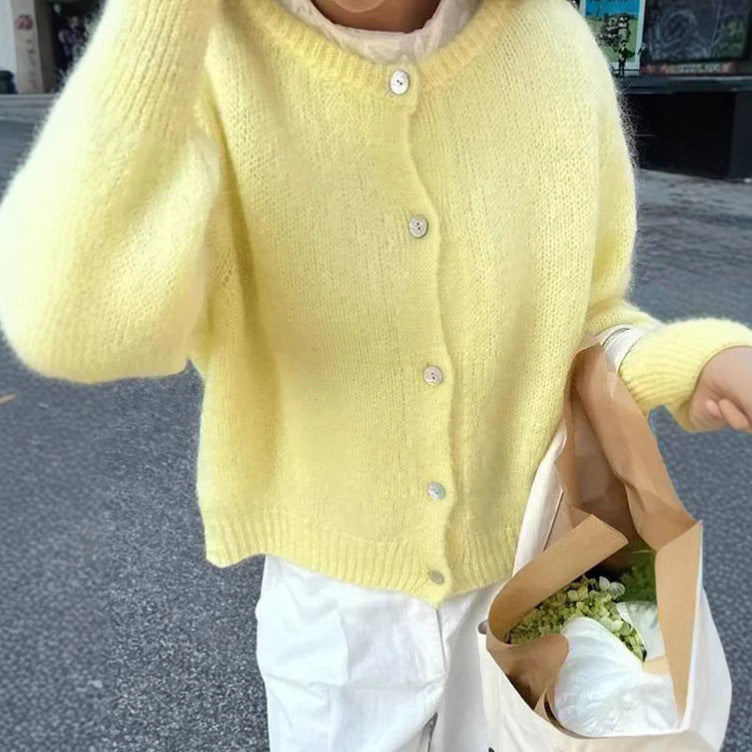 Einreihiger Cardigan-Pullover-Mantel mit rundem Ausschnitt einfarbig