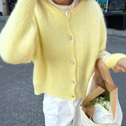 Einreihiger Cardigan-Pullover-Mantel mit rundem Ausschnitt einfarbig