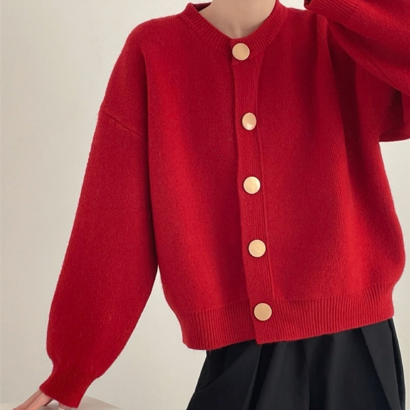 Rundhals Einfarbige Lockere Strickjacke Damen Herbst und Winter