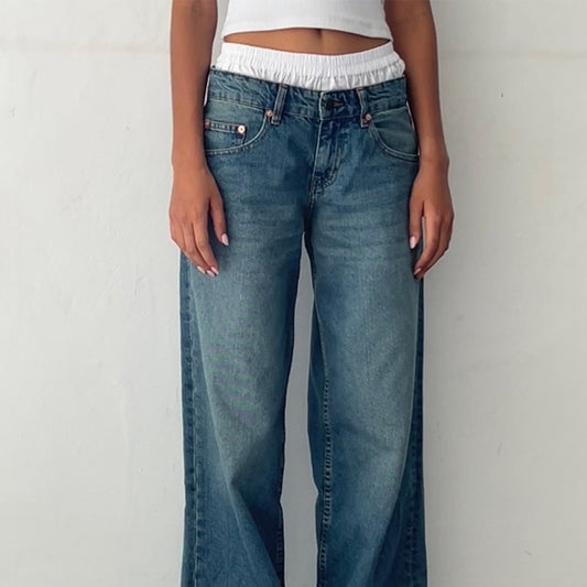 Retro niedrige Taille nicht elastisch gewaschene gerade Jeans für Frauen