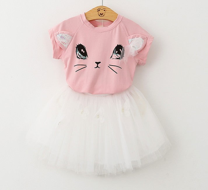 New Girl Kids Cute Cat Short Sleeve T-Shirt with Butterfly Beads and Puff Skirt Set 