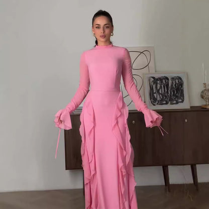 ruffle shiffon patchwork dress with half turtleneck
