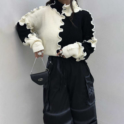 Fashionable Thread Edge Large Color Block Contrast Color Sweater