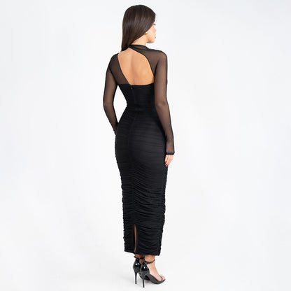 Mesh Kleid mit Rundhalsausschnitt, langen Ärmeln, Rückenfrei, Röhrenoberteil, Figurbetont und Falten