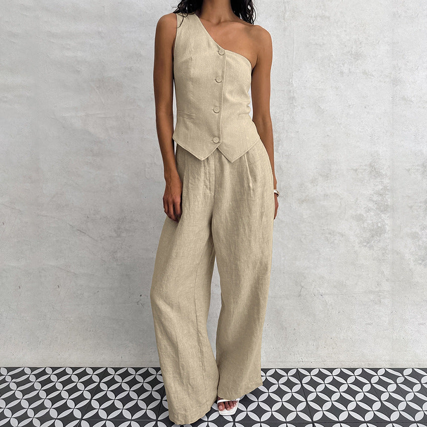 Cotton Linen Sleeveless Vest Irregular Collar Suit