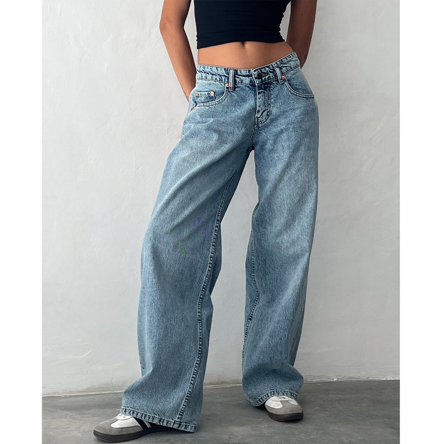 Retro niedrige Taille nicht elastisch gewaschene gerade Jeans für Frauen