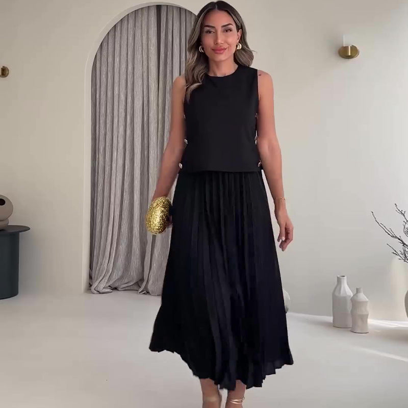 Sleeveless Top High Waist Pleated Skirt Suit