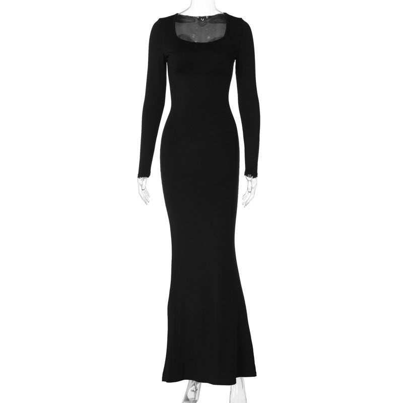 Langärmliges Kleid mit U-Ausschnitt in Mode, schlank, Rücken los