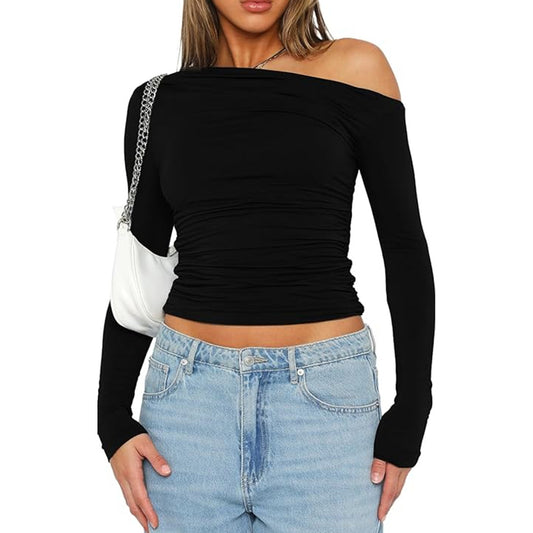 Damen Langarm-Shirt mit Schrägschnitt-Schulter und Figurbetonter Passform