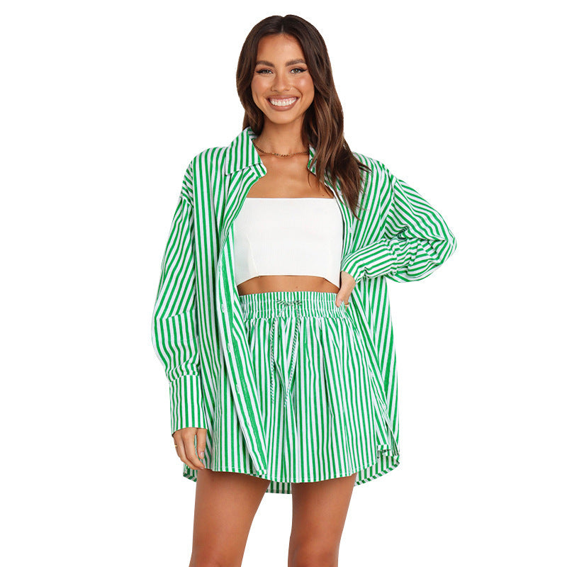 Women's Fashion Shirt Striped Long Sleeve Split Two-piece Set