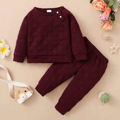Frühling und Herbst Jungen- und Mädchenanzug Baby Bonbonfarben Einfarbig mit Polka-Dots Rundhalsausschnitt Langarmhosen Kinderkleidung