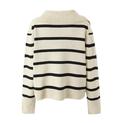 Damen Lockerer Lässiger Großer Revers Gestreifter Langarm-Pullover