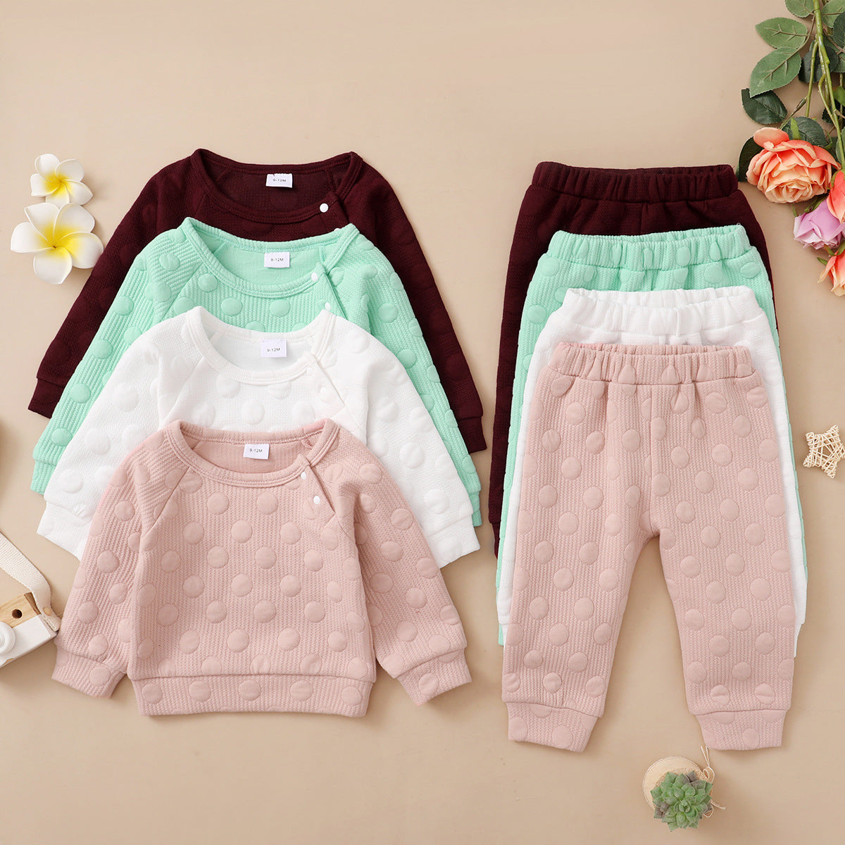 Frühling und Herbst Jungen- und Mädchenanzug Baby Bonbonfarben Einfarbig mit Polka-Dots Rundhalsausschnitt Langarmhosen Kinderkleidung