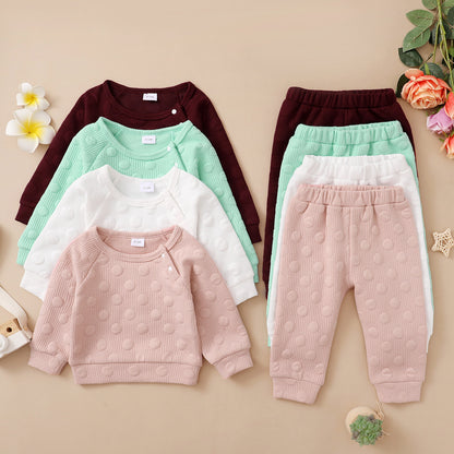 Frühling und Herbst Jungen- und Mädchenanzug Baby Bonbonfarben Einfarbig mit Polka-Dots Rundhalsausschnitt Langarmhosen Kinderkleidung