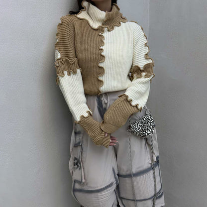 Fashionable Thread Edge Large Color Block Contrast Color Sweater