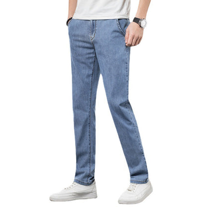 Herren lockere elastische Jeans gerade einfarbige Freizeit Hose
