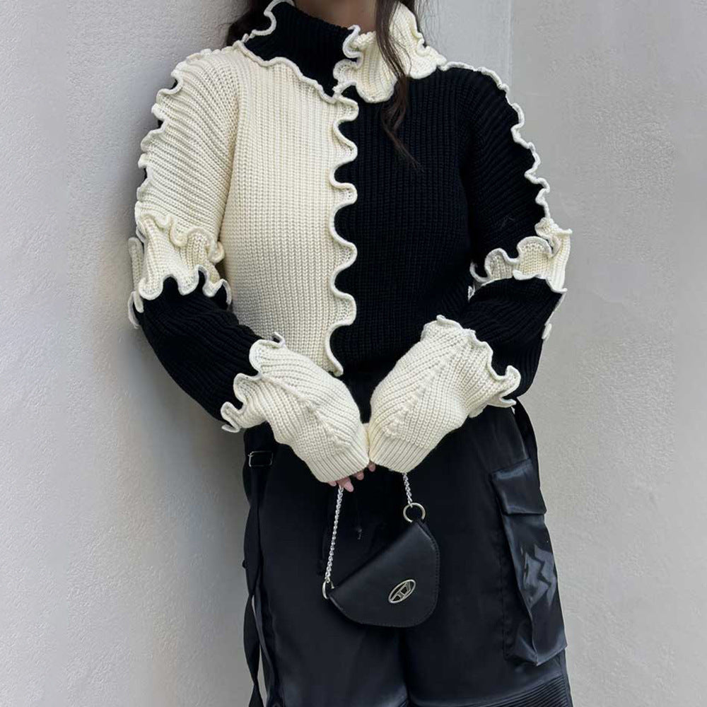 Fashionable Thread Edge Large Color Block Contrast Color Sweater