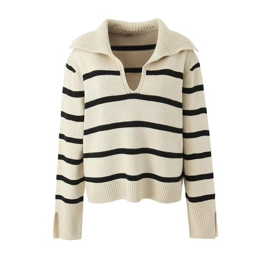 Damen Lockerer Lässiger Großer Revers Gestreifter Langarm-Pullover