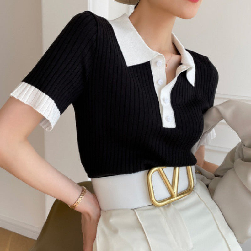Damen Kontrastfarbiges T-Shirt mit Polokragen aus Eisseide – Leichtes Kurzarm-Top