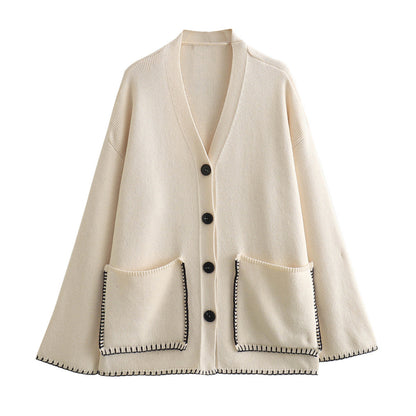 Modische Komfortable und Lässige Kontrastfarbige Fadenverzierung Strickjacke Pullover