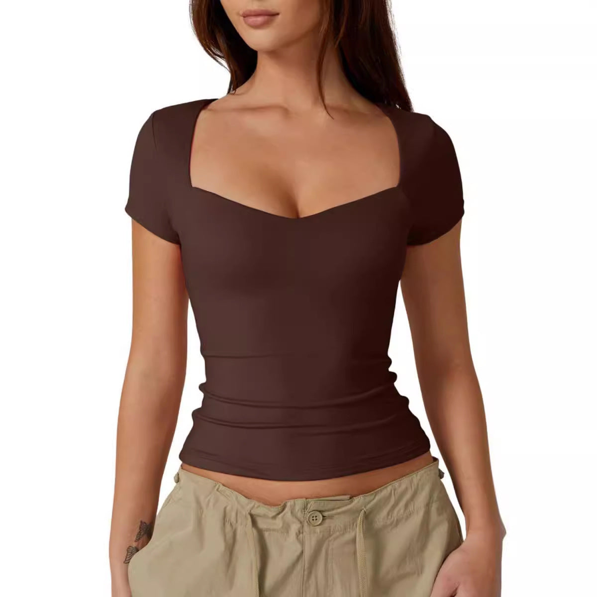 Herzförmiges Kragen-Kurzarm-T-Shirt Frauen einfarbig schlank Grund mode Exposed Nabel