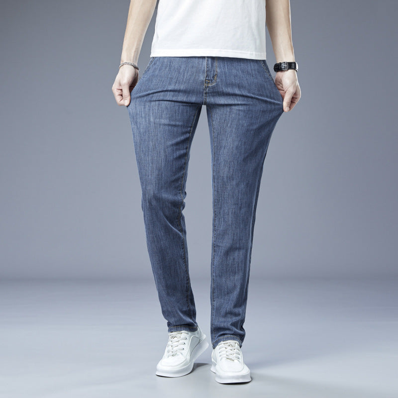 Herren lockere elastische Jeans gerade einfarbige Freizeit Hose