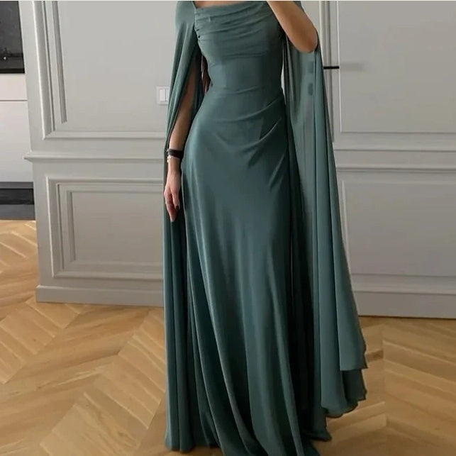 U-Kragen Langarm Mesh-Ärmel Schlankes einfarbiges Kleid