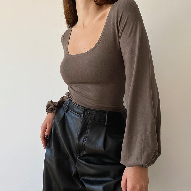 Vielseitiges Lässiges Top mit Laternenärmeln, Quadratkragen und Slimming-Effekt in Uni-Farbe