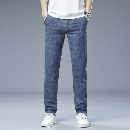 Herren lockere elastische Jeans gerade einfarbige Freizeit Hose