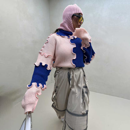 Fashionable Thread Edge Large Color Block Contrast Color Sweater