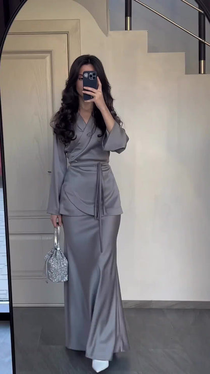 Fashion Satin Patchwork Long Dress Suit Women