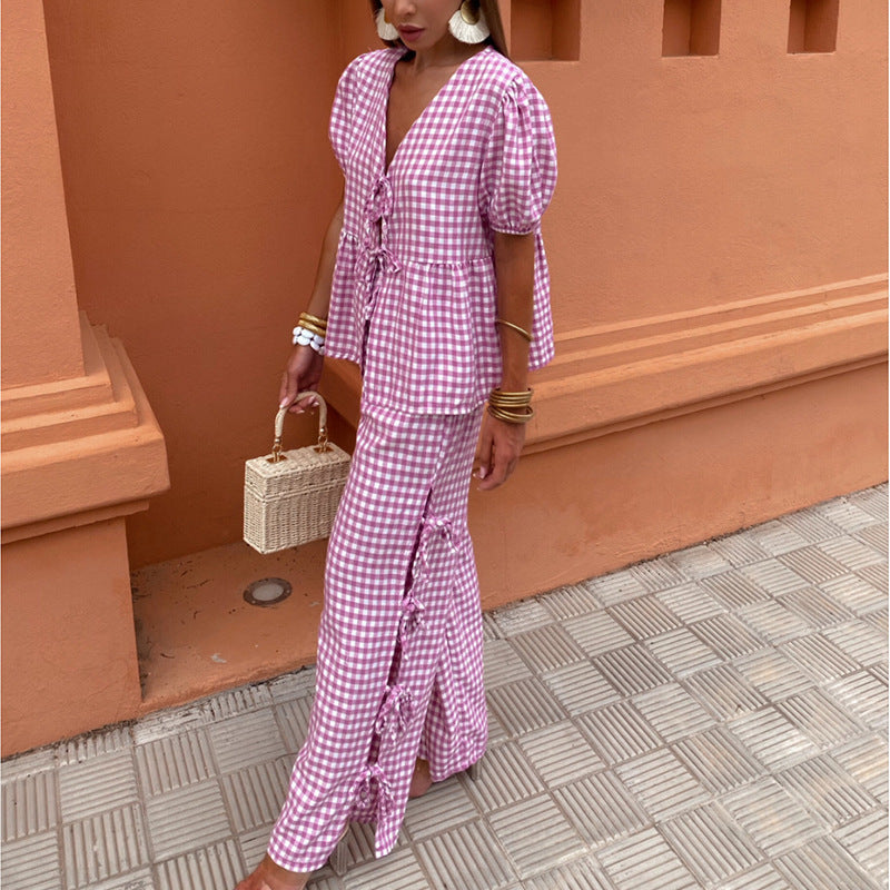 Women's Fashion V-neck Lace-up Plaid Knotted Suit