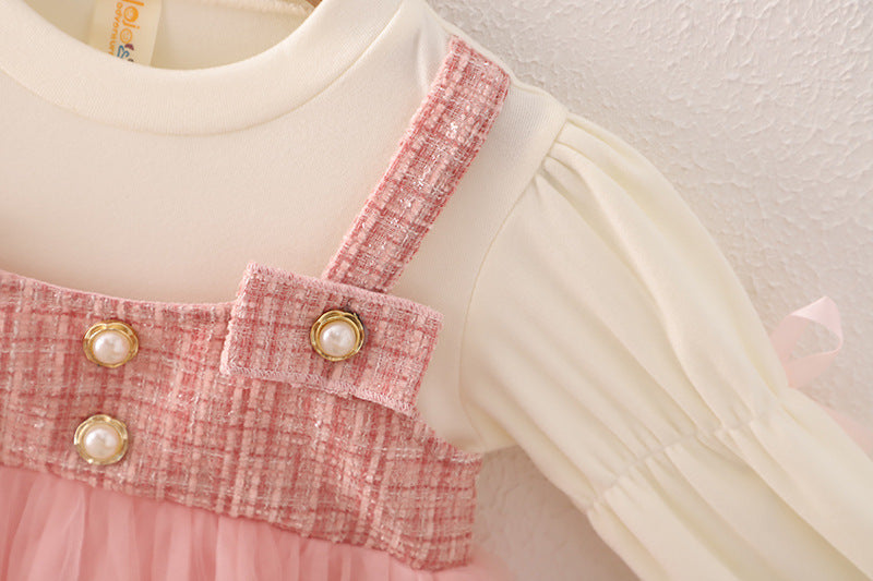 Girls Spring and Autumn New Dress Korean Style Fashionable Princess Dress Fake Two-piece Strap Skirt