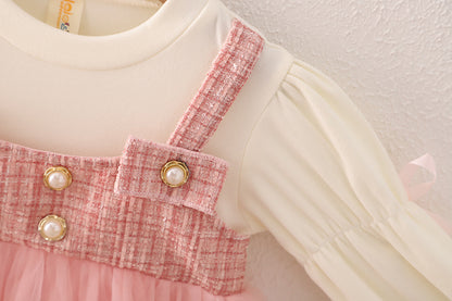 Girls Spring and Autumn New Dress Korean Style Fashionable Princess Dress Fake Two-piece Strap Skirt