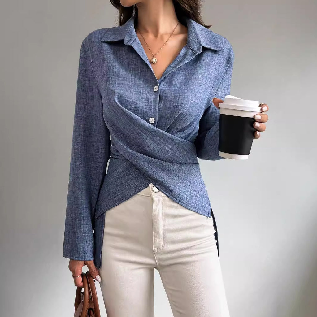 Long-sleeved shirt with cross tie and pleat design