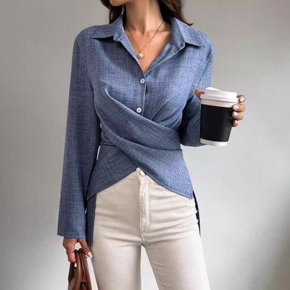 Damen Langarm-Shirt mit Kreuzbinde und Falten-Design