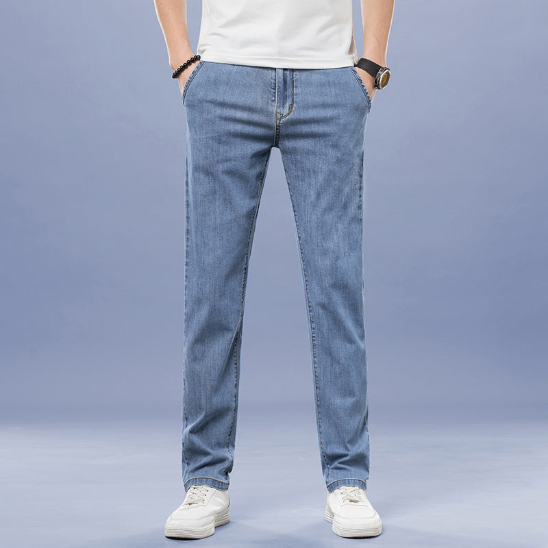 Herren lockere elastische Jeans gerade einfarbige Freizeit Hose