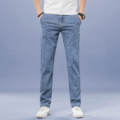 Herren lockere elastische Jeans gerade einfarbige Freizeit Hose