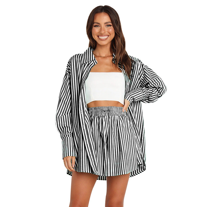 Women's Fashion Shirt Striped Long Sleeve Split Two-piece Set